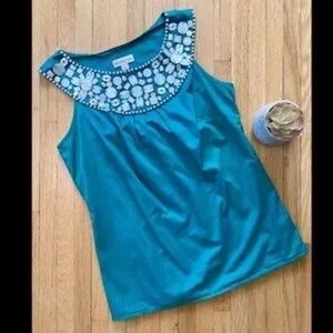 Merona Kelly Embellished Beaded Neckline Sleeveless Teal Green Tank Top Size